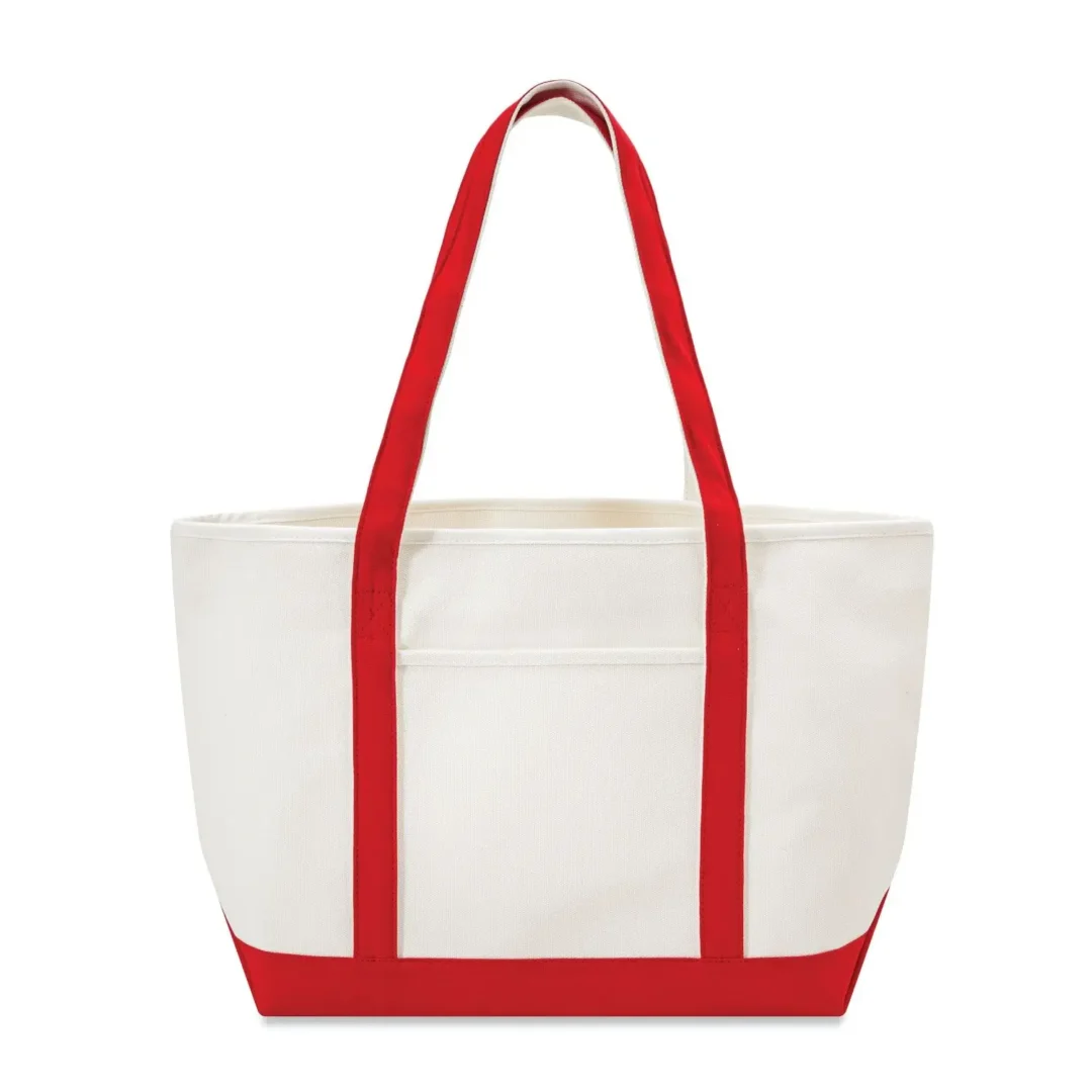 Custom boat totes in natural canvas with Red trim, large 24 inch, flat view