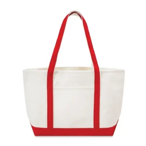 Custom boat totes in natural canvas with Red trim, large 24 inch, flat view