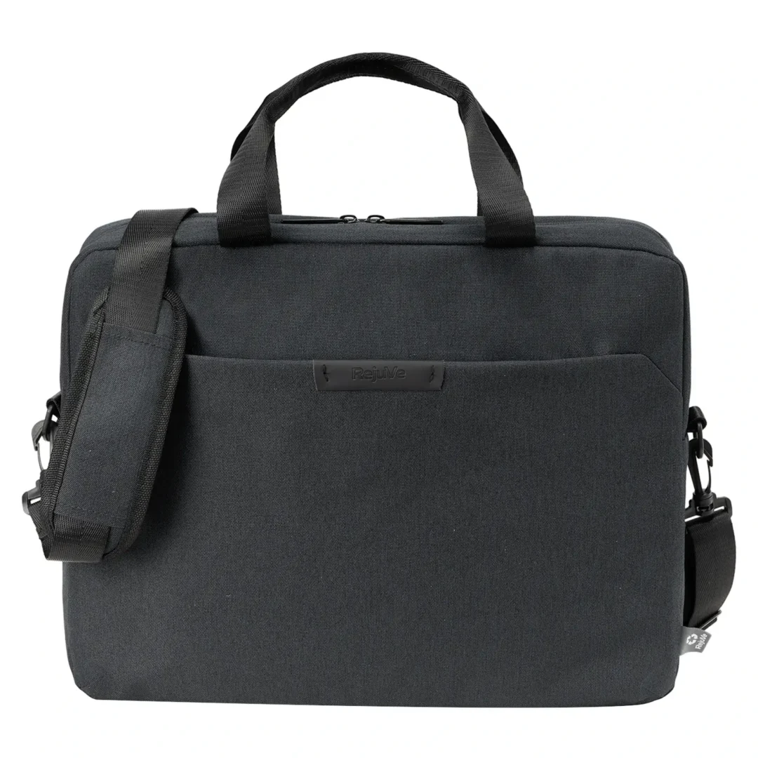 Custom laptop bags in black recycled heather, fits a 16 inch laptop