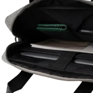 Custom laptop bags in recycled heather, fits a 16 inch laptop, inside view of the padded laptop sleeve and pockets