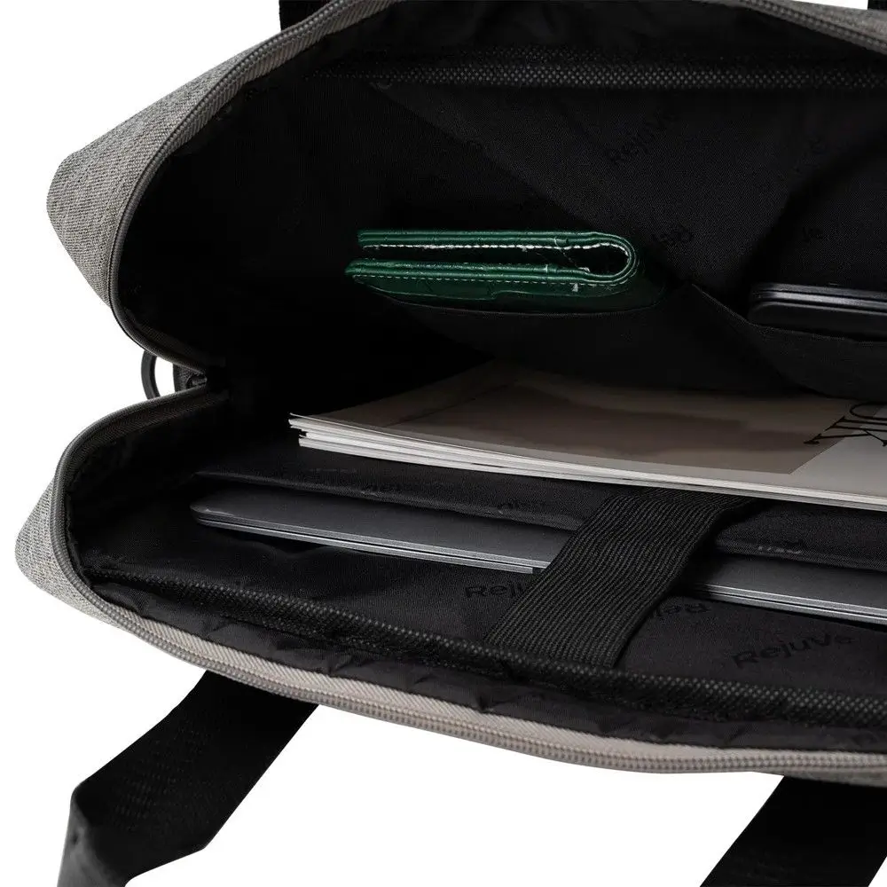Custom laptop bags in recycled heather, fits a 16 inch laptop, inside view of the padded laptop sleeve and pockets