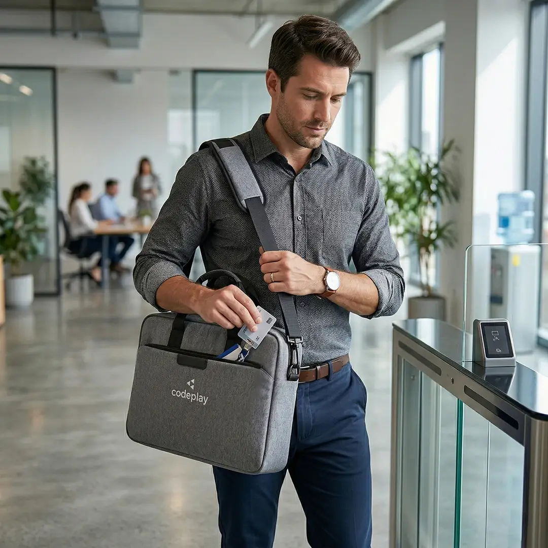 Custom laptop bags in charcoal recycled heather, fits a 16 inch laptop, second lifestyle view with logo