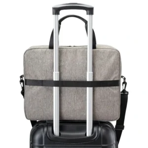 Custom laptop bags in graphite recycled heather, fits a 16 inch laptop, riding on a suitcase trolley handle