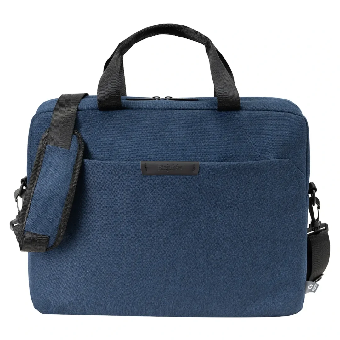 Custom laptop bags in navy recycled heather, fits a 16 inch laptop
