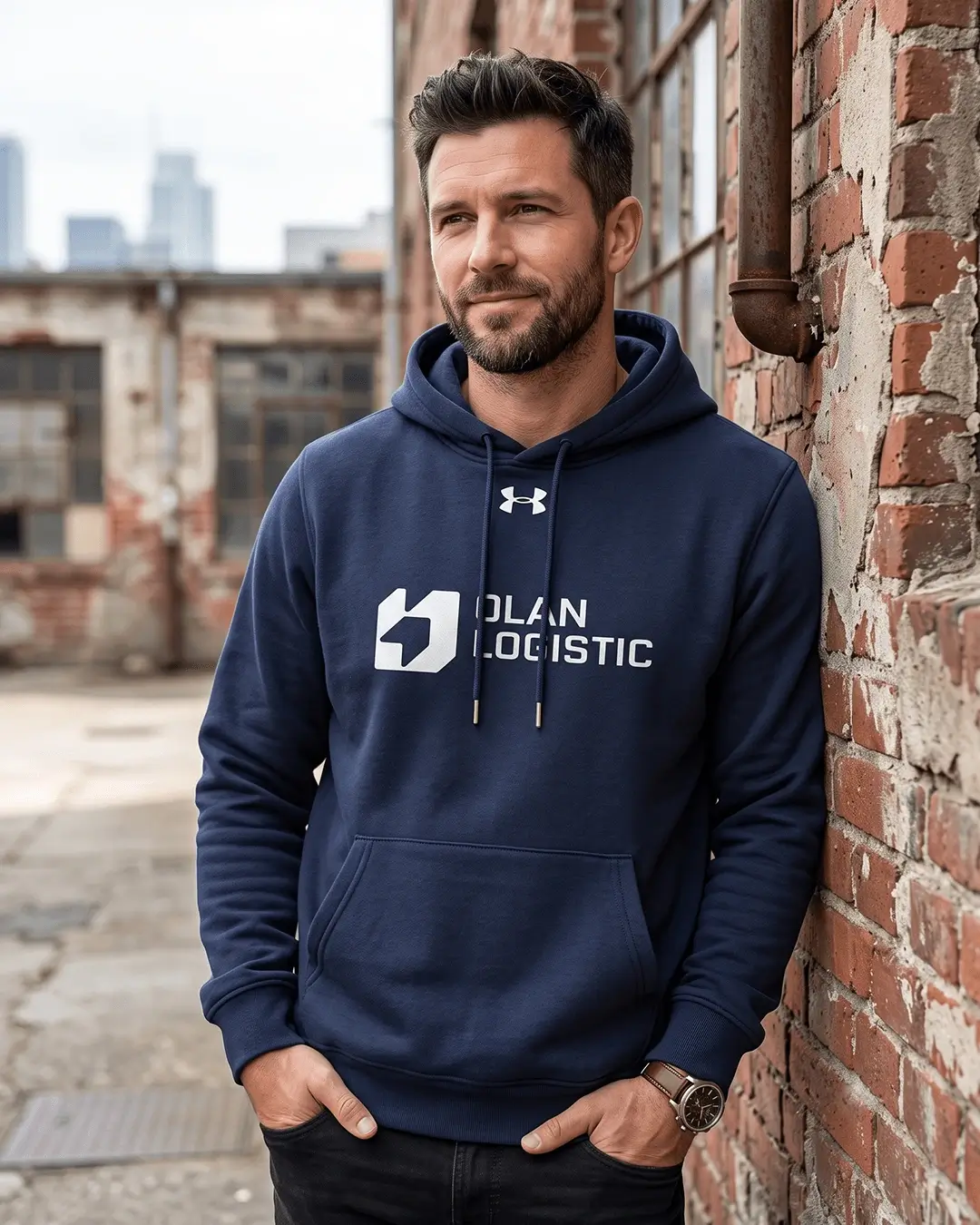 Custom team hoodies, Under Armour Icon fleece hoodie with a chest logo worn outdoors