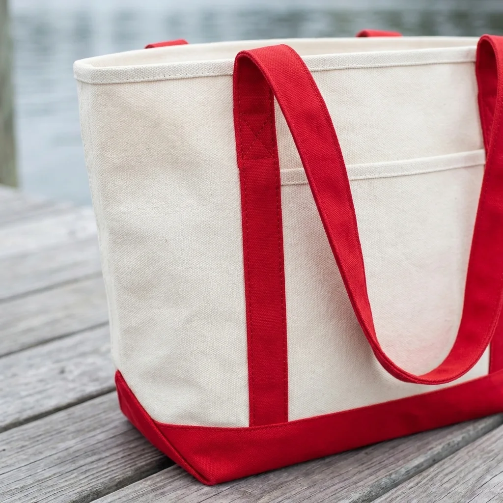 Custom boat totes close-up, red cotton webbing handle box-stitched to 24 oz natural canvas