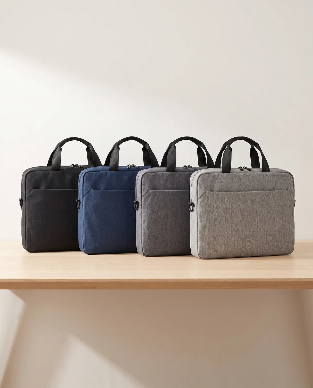Custom laptop bags in Black, Navy, Charcoal and Graphite recycled heather lined up on an oak desk