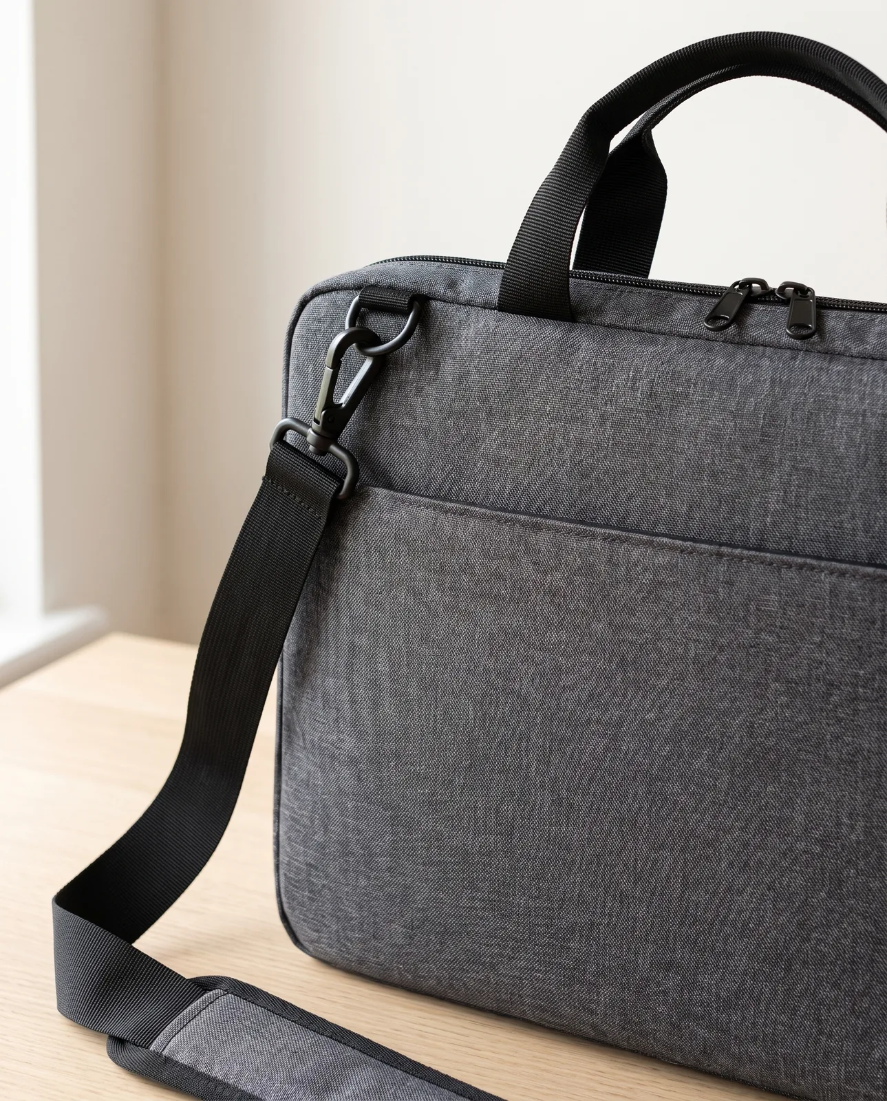 Custom laptop bags in Charcoal, close view of the black webbing handle, strap clip and double zipper on the recycled heather