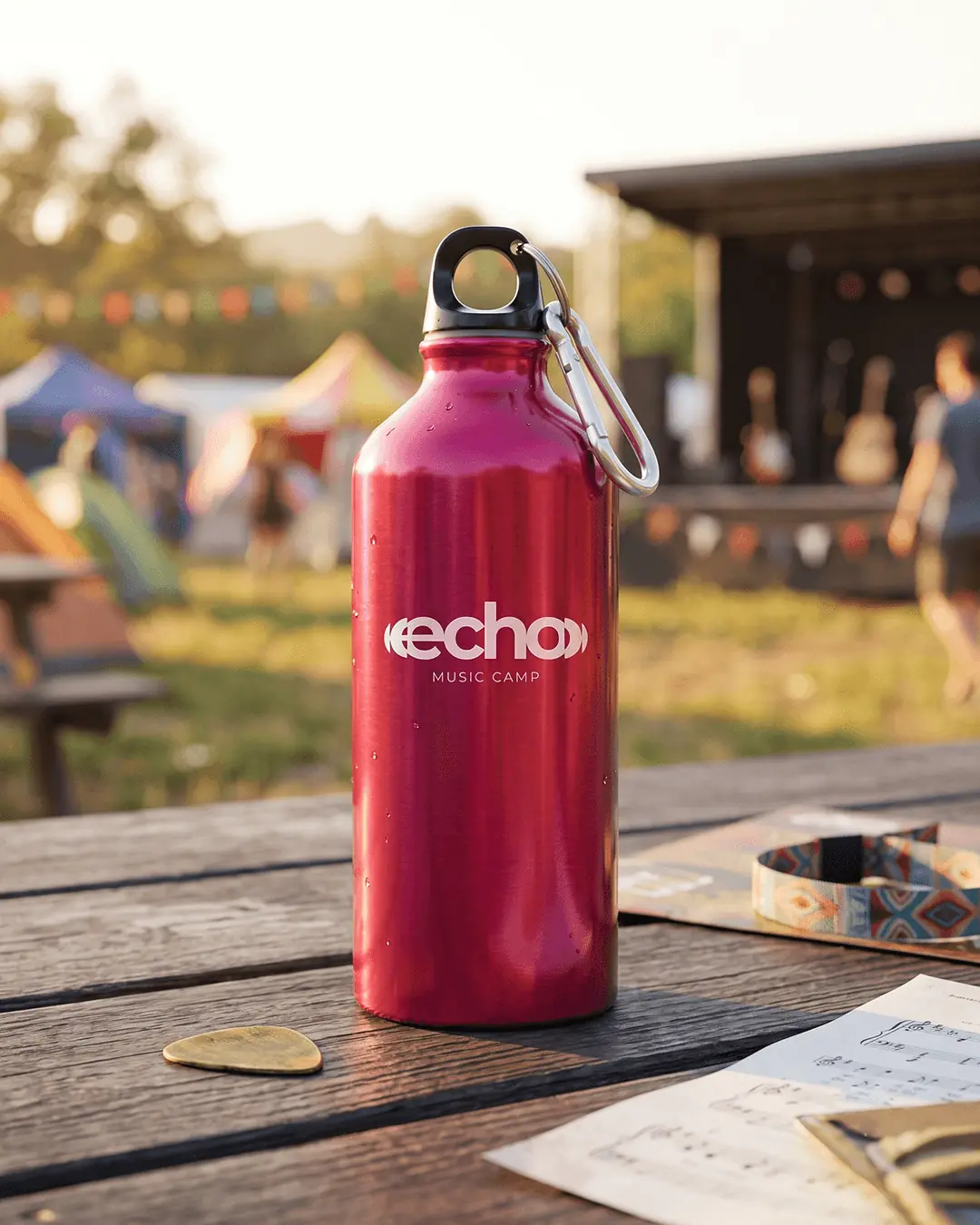 Custom sports bottles clipped to a backpack on a trail with the logo facing out