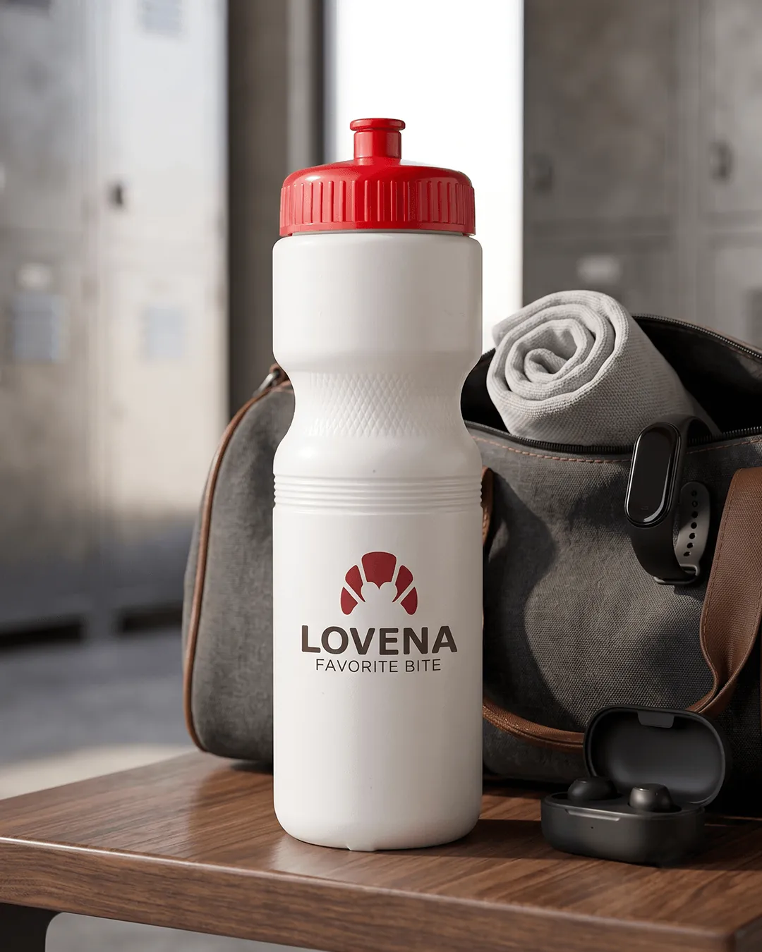Custom bike water bottles in a bike cage on a group ride with the logo facing out
