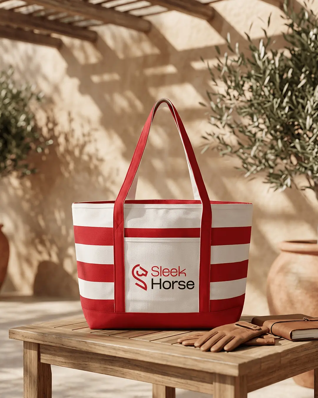 Custom boat totes with zipper in Natural / Red with a sample printed logo, lifestyle view
