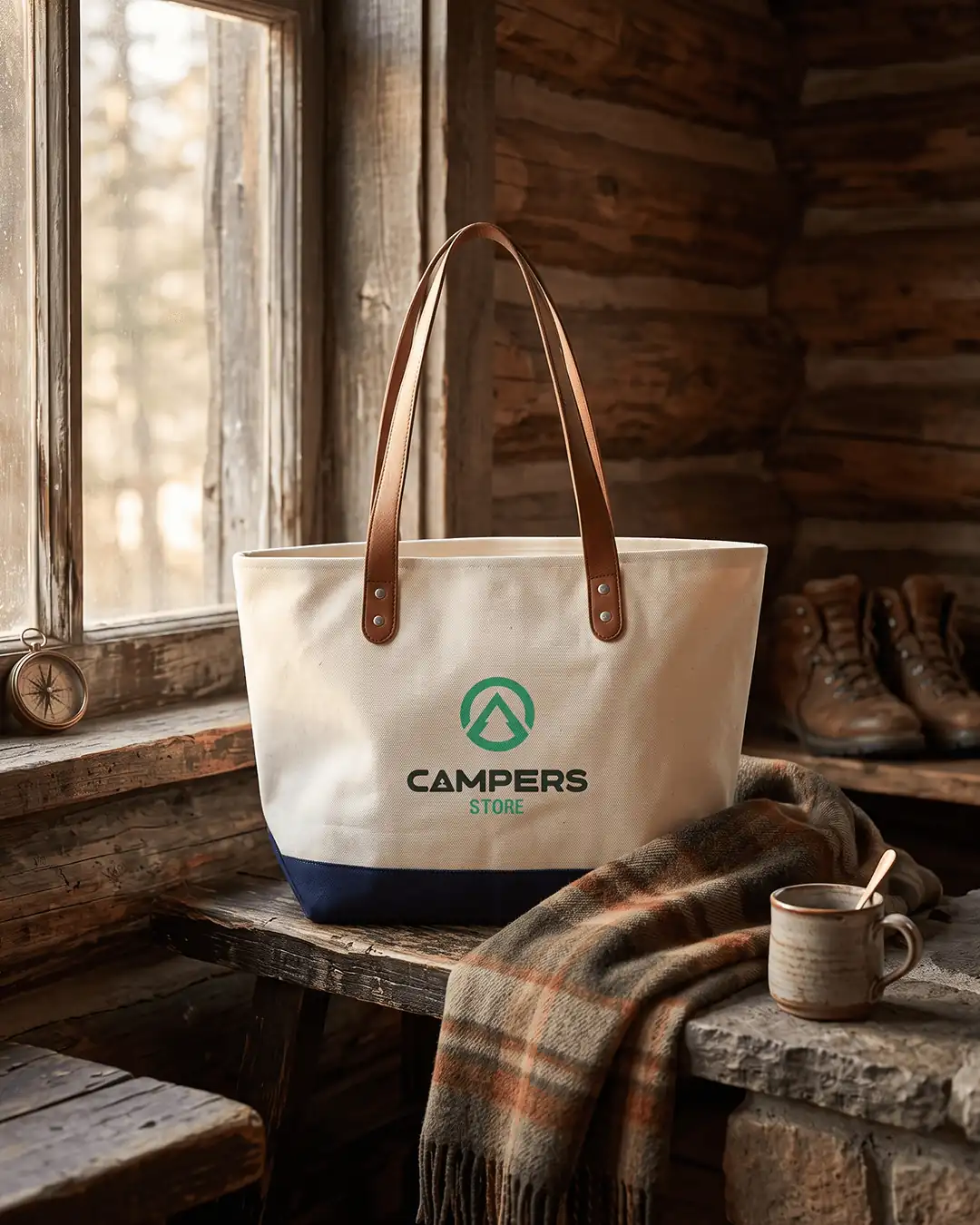 Custom large tote bags with leather handles in Natural / Navy Blue with a sample printed logo, lifestyle
