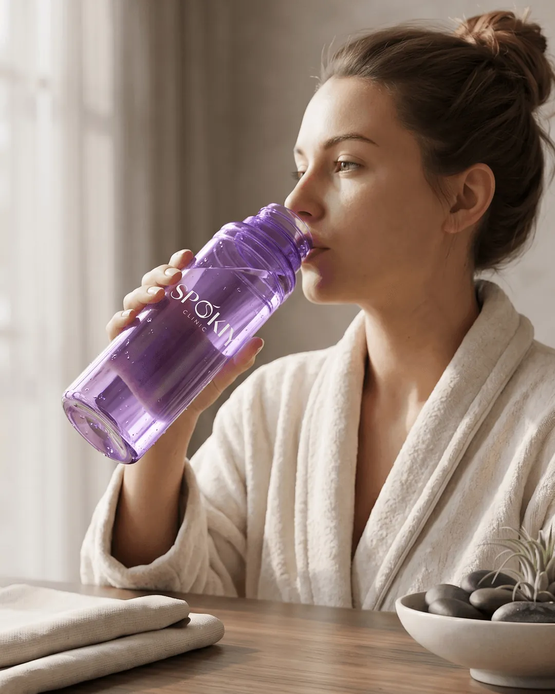 Promotional water bottles in use at a spa counter with the logo printed on the front
