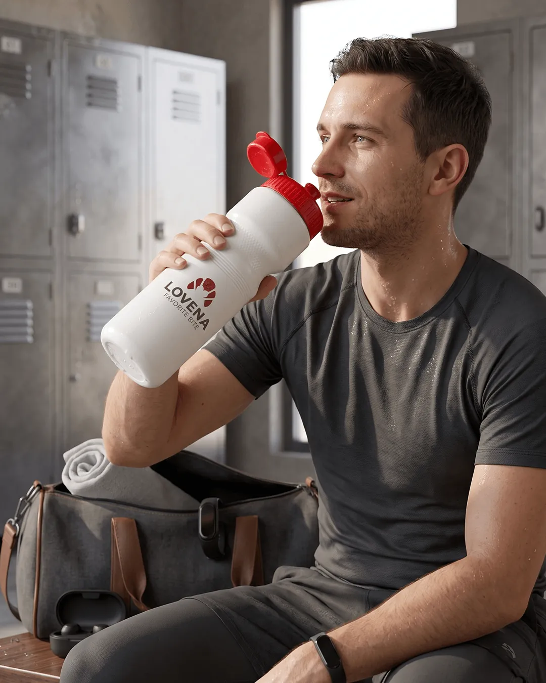 Custom bike water bottles in several cap colors lined up with the logo printed on each