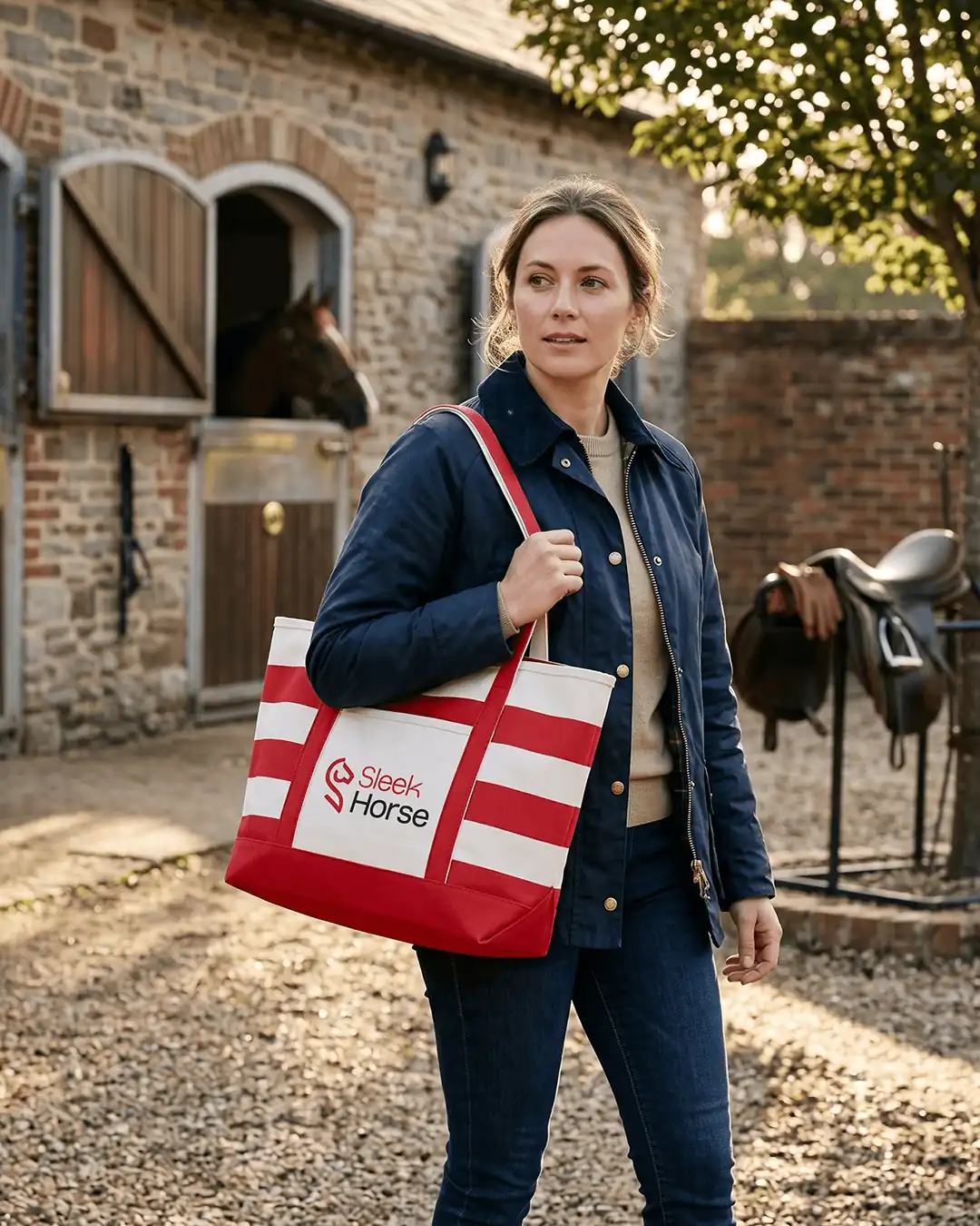 Custom boat totes with zipper in Natural / Red with a sample printed logo, carried view