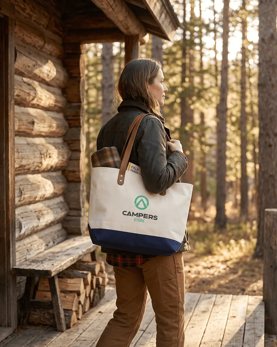 Custom large tote bags with leather handles in Natural / Navy Blue with a sample printed logo, carried on the shoulder