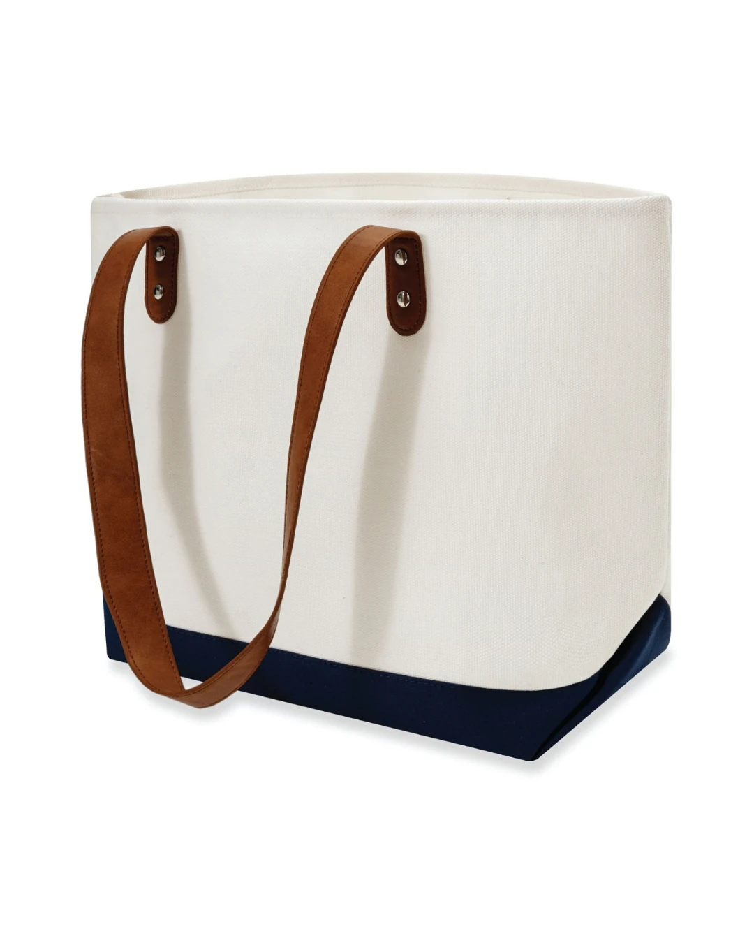 Custom large tote bags with leather handles in Natural / Navy Blue, angle view showing the 6.7 in gusset