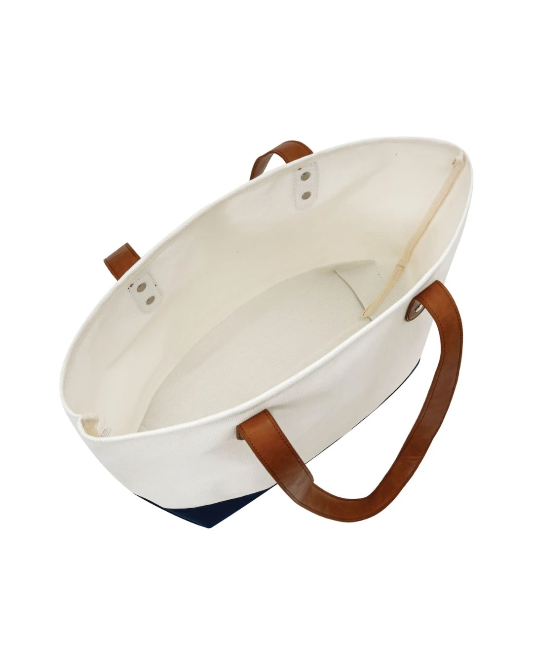 Custom large tote bags with leather handles in Natural / Navy Blue, open top view of the canvas interior