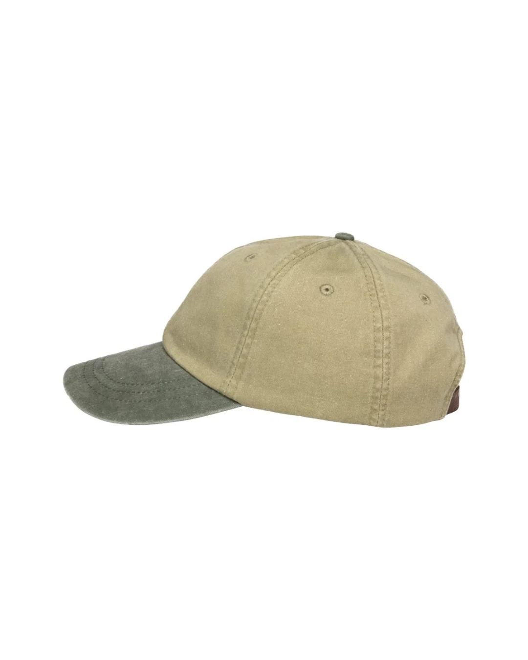 Custom low profile hats in Khaki / Spruce Green (side view)
