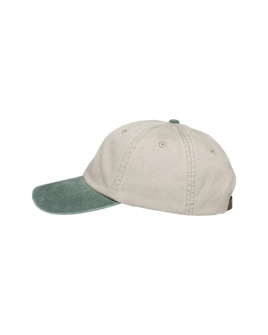 Custom low profile hats in Stone / Forest Green (side view)