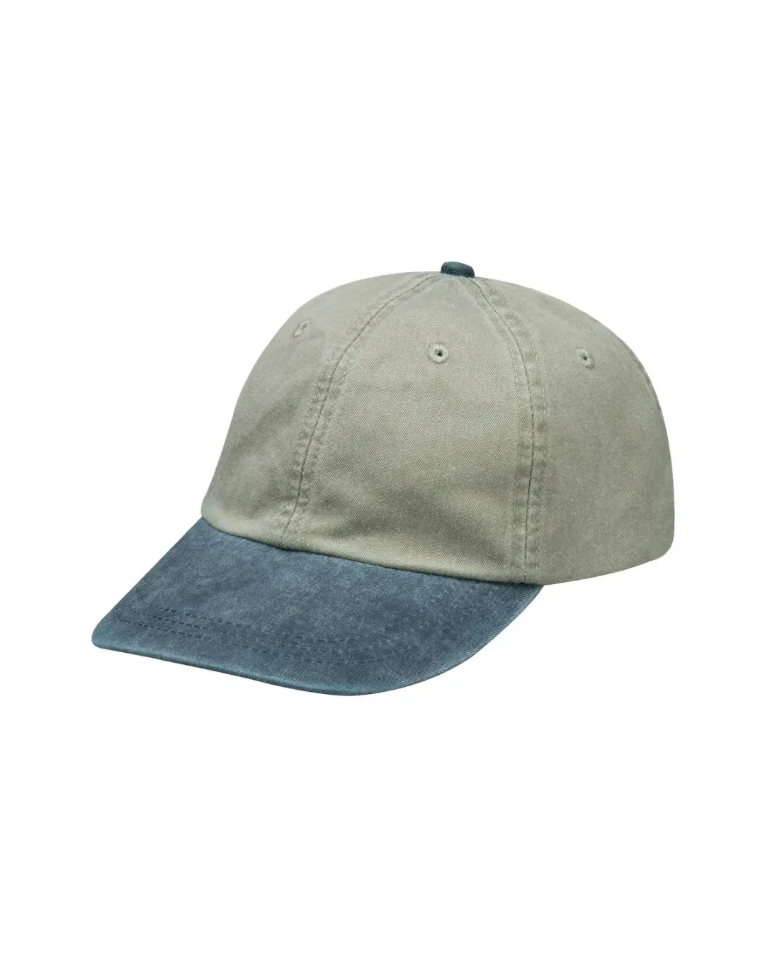 Custom low profile hats in Stone / Navy Blue (angle view)