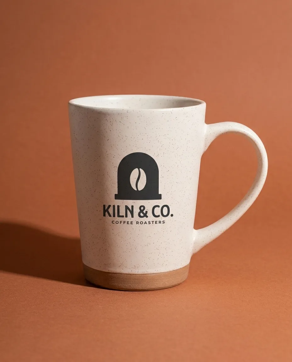 Custom big coffee mug in cream speckled stoneware with a raw clay base on a terracotta backdrop, with a one color charcoal logo screen printed on the front