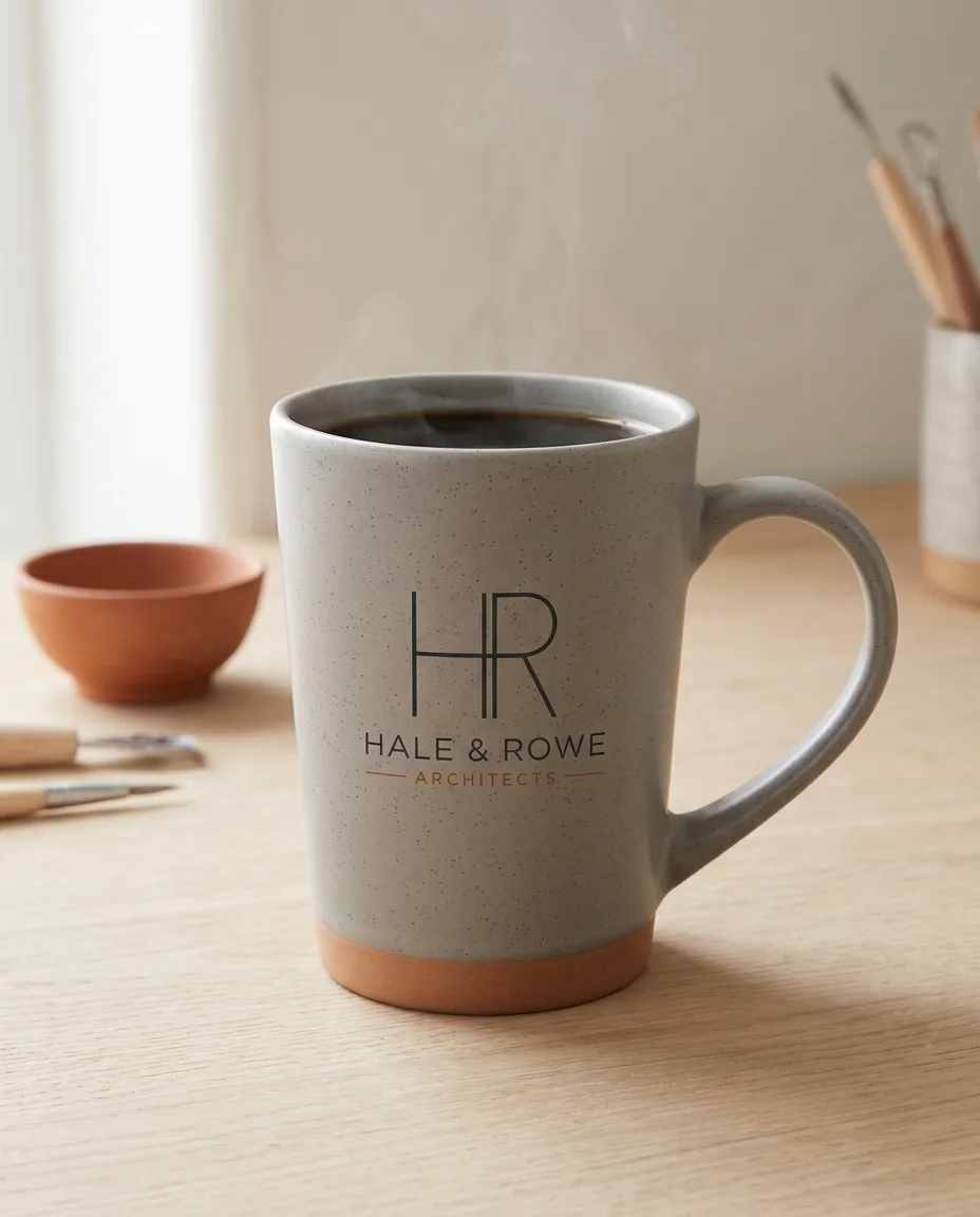 Custom big coffee mug in gray speckled stoneware full of coffee on a pale oak table in window light, with a two color monogram printed on the front