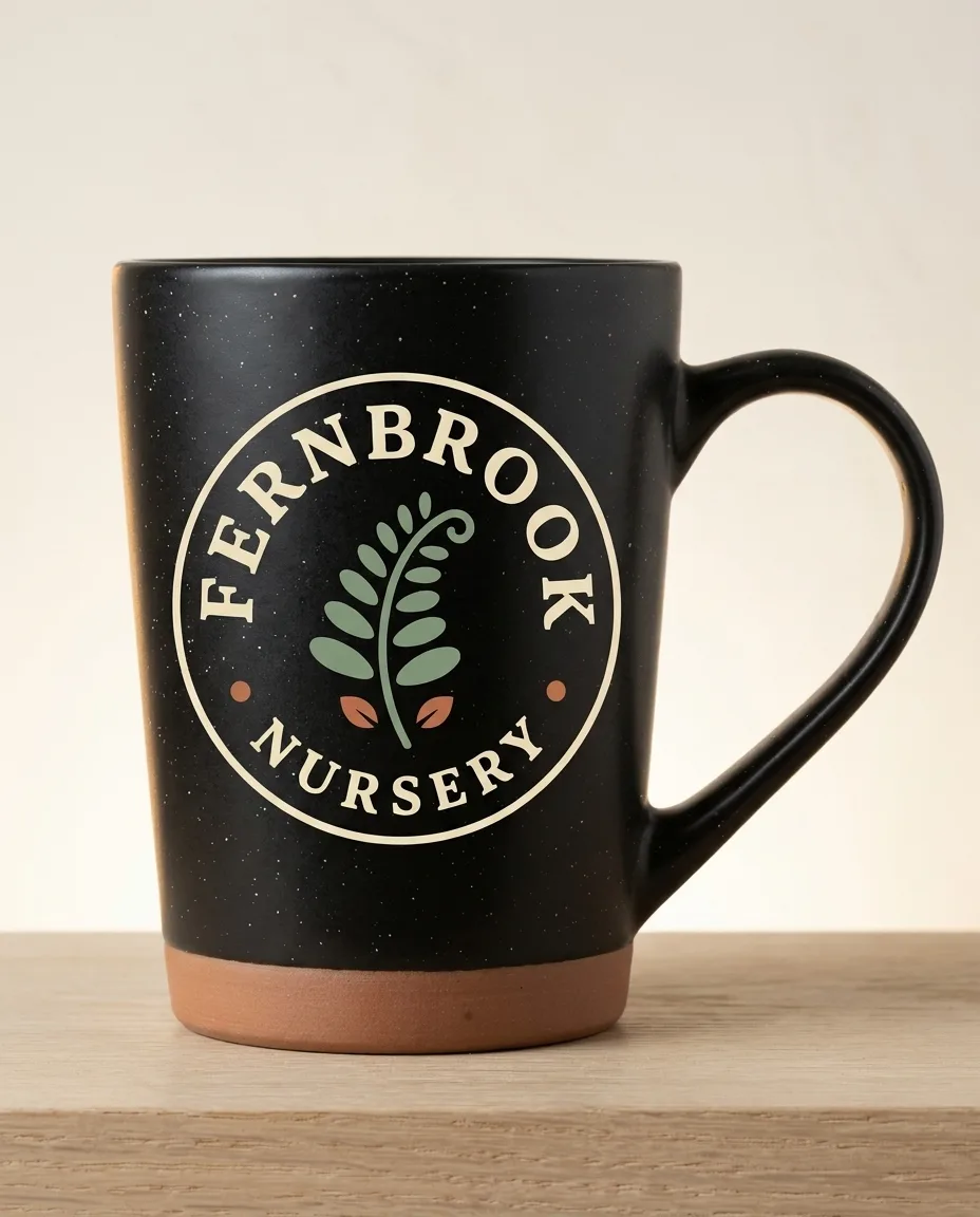 Custom big coffee mug in black speckled stoneware on a pale plaster plinth in warm light, with a full color nursery badge filling the front print area