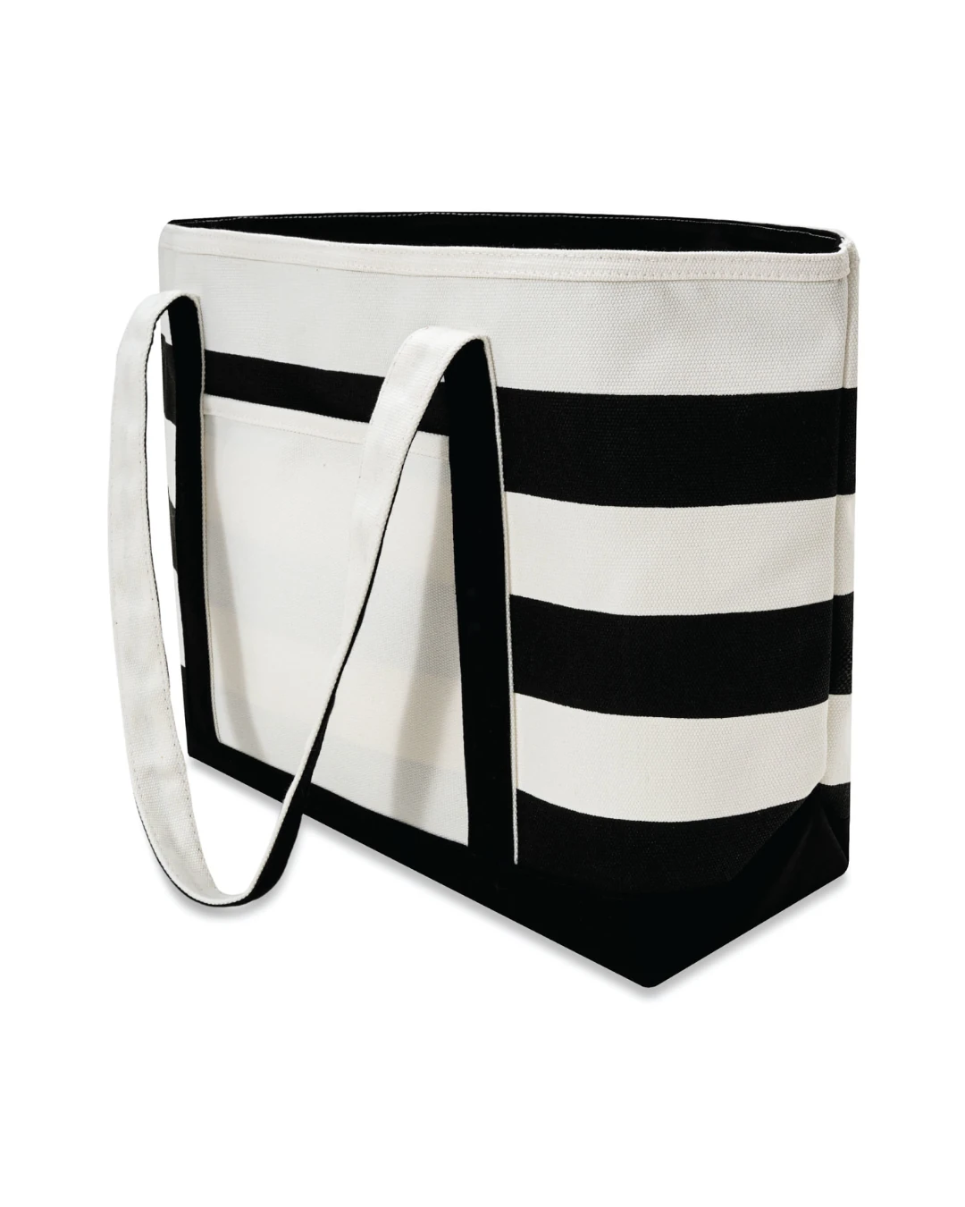 Custom boat totes with zipper in Natural / Black, angle view with handles down