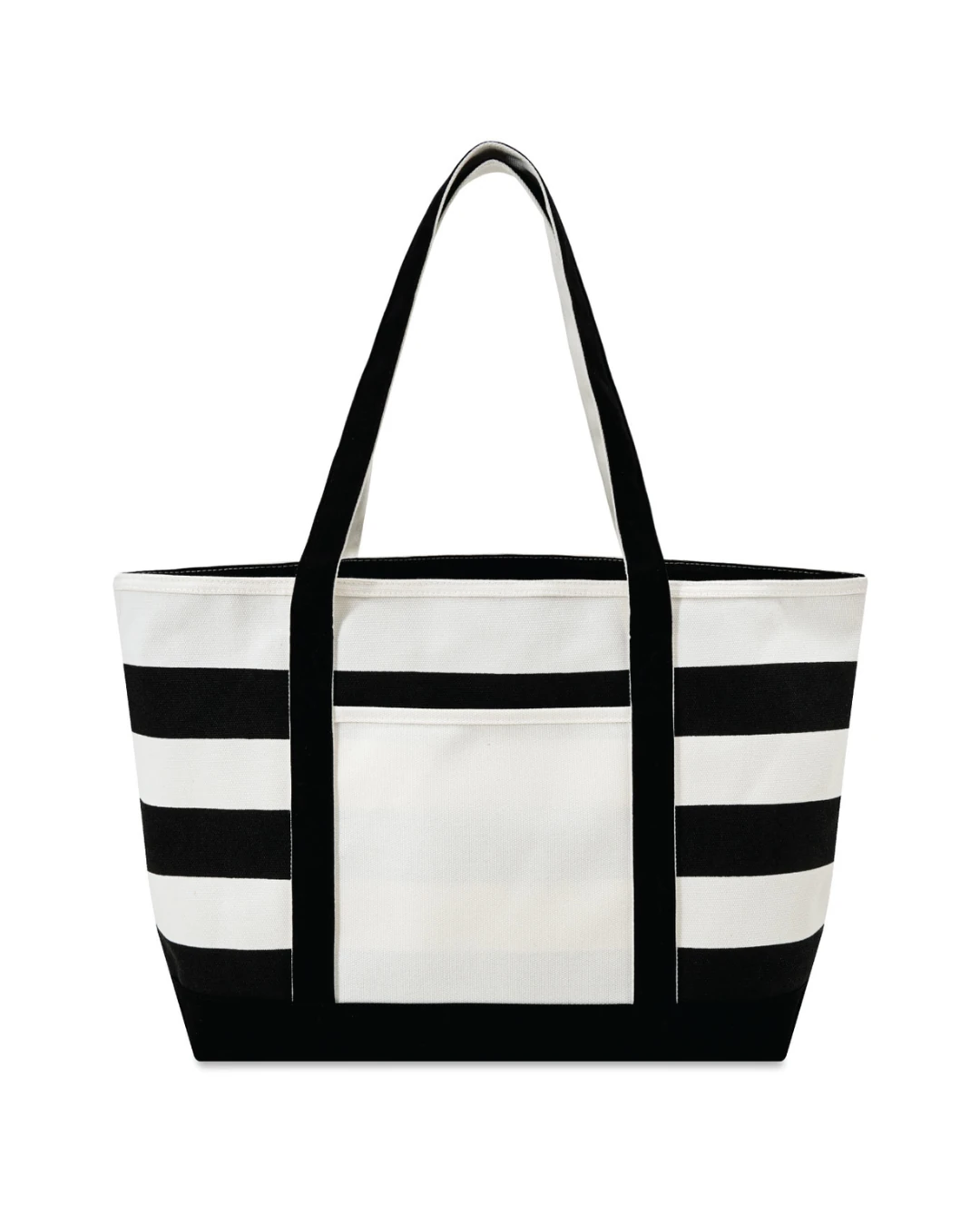 Custom boat totes with zipper in Natural / Black, 18 oz striped canvas, front view