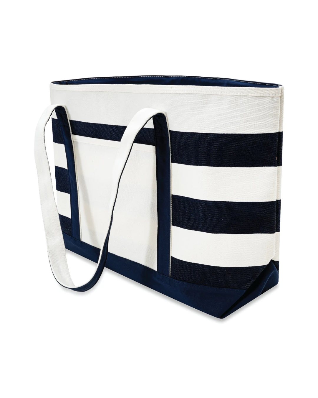 Custom boat totes with zipper in Natural / Navy Blue, angle view with handles down showing the stripes and base