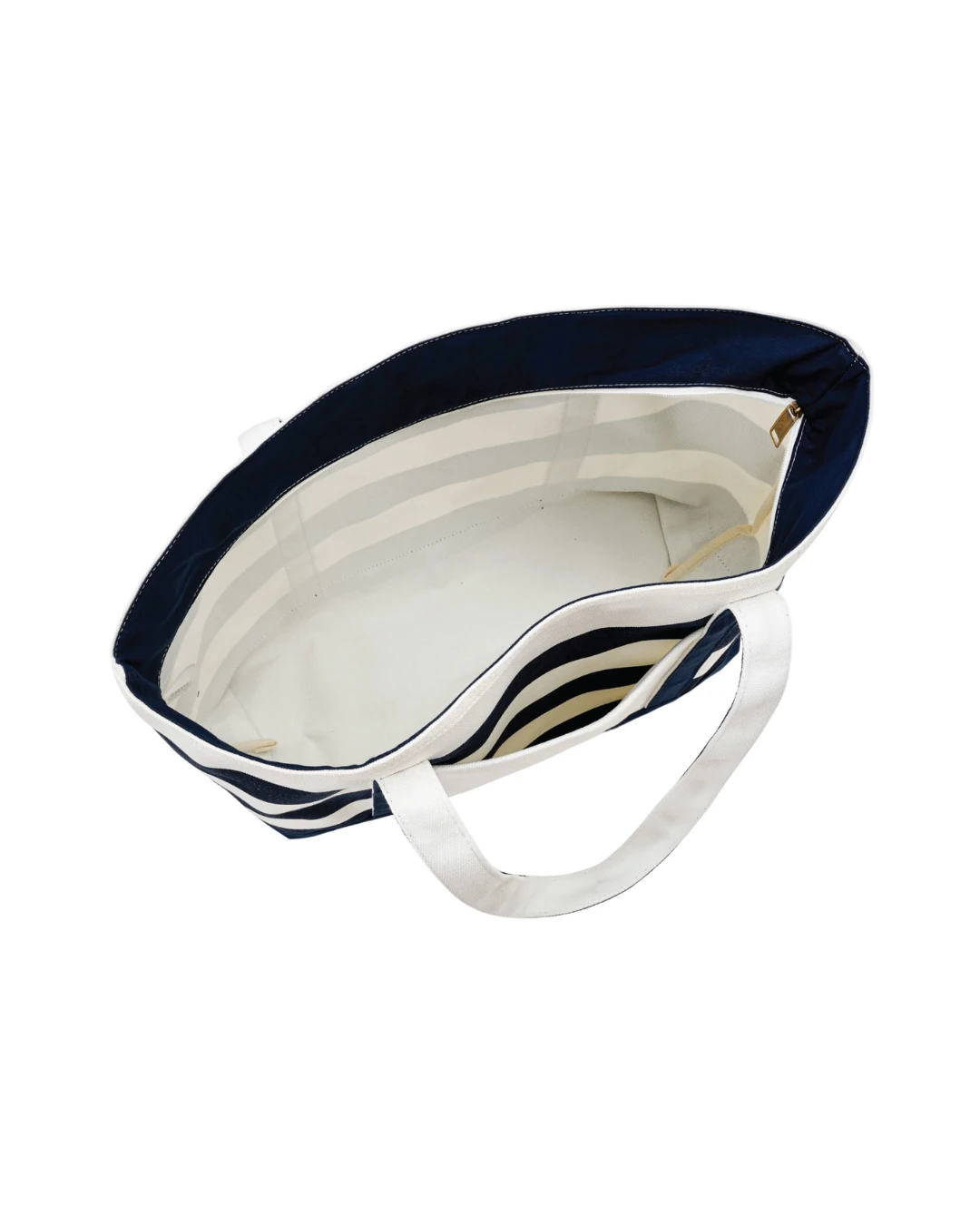 Custom boat totes with zipper in Natural / Navy Blue, open view of the zip-top closure and canvas interior