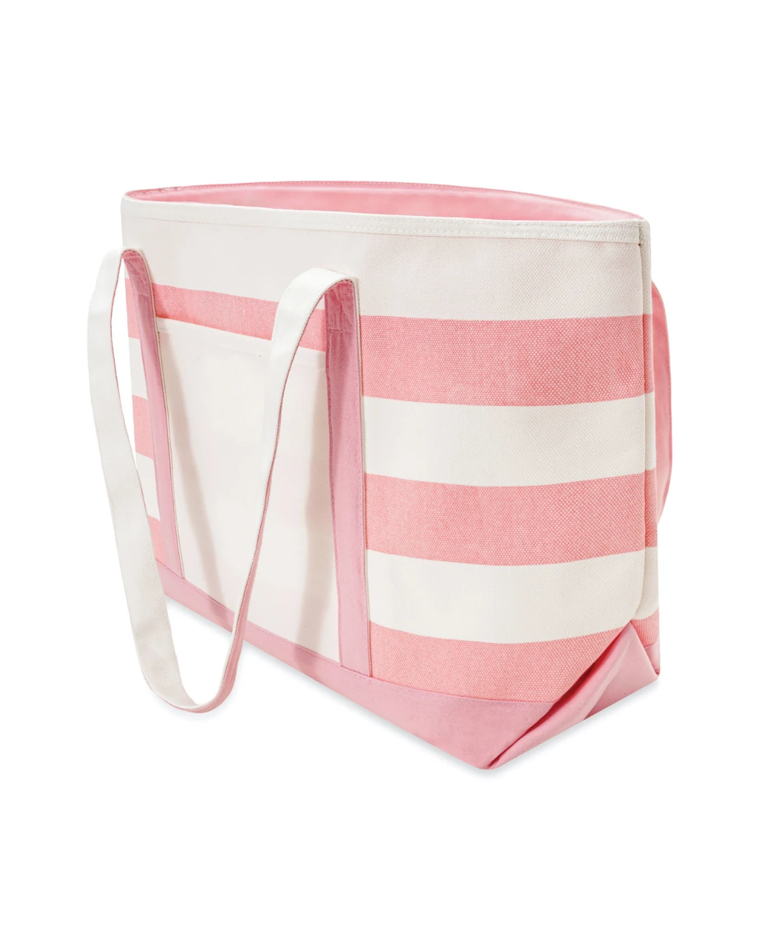 Custom boat totes with zipper in Natural / Pink, angle view with handles down
