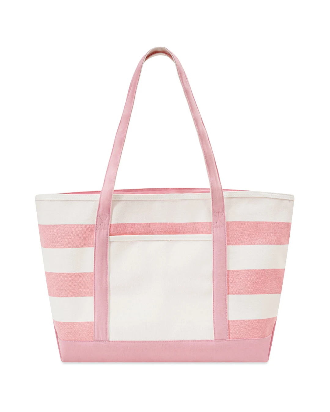Custom boat totes with zipper in Natural / Pink, 18 oz striped canvas, front view