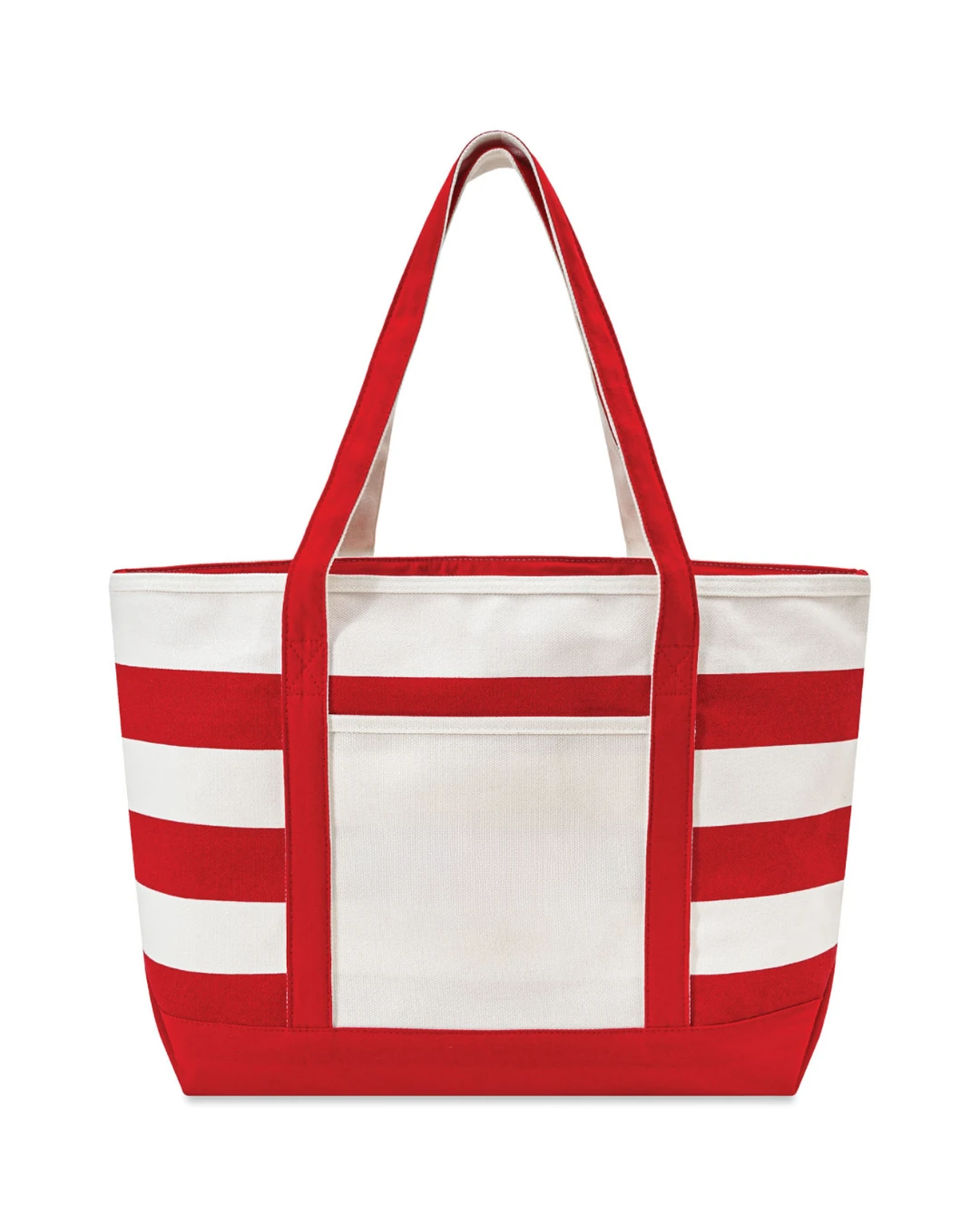 Custom boat totes with zipper in Natural / Red, 18 oz striped canvas, front view