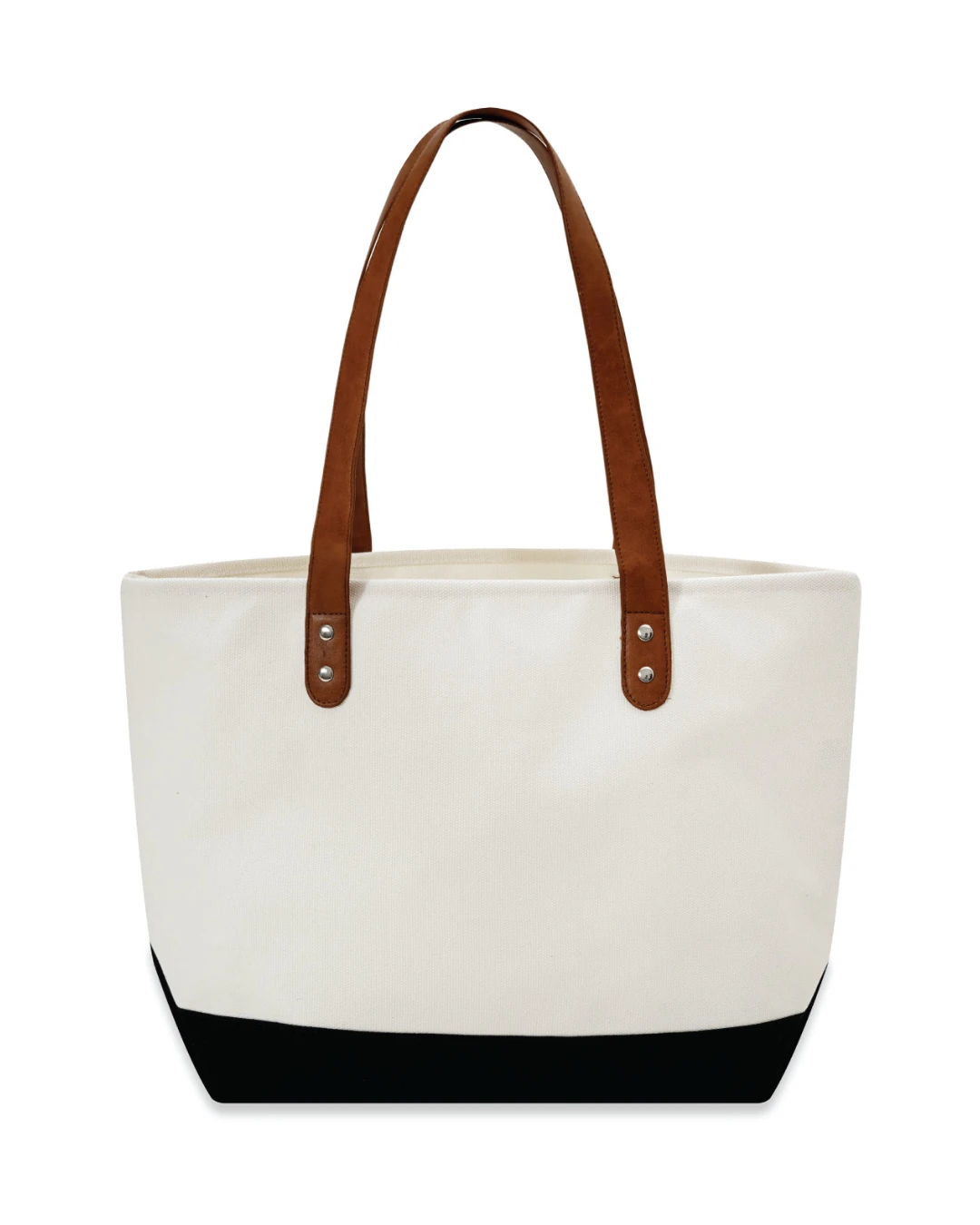 Custom large tote bags with leather handles in Natural / Black, 18 oz canvas, front view