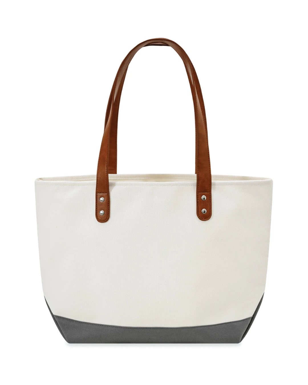Custom large tote bags with leather handles in Natural / Gray, 18 oz canvas, front view