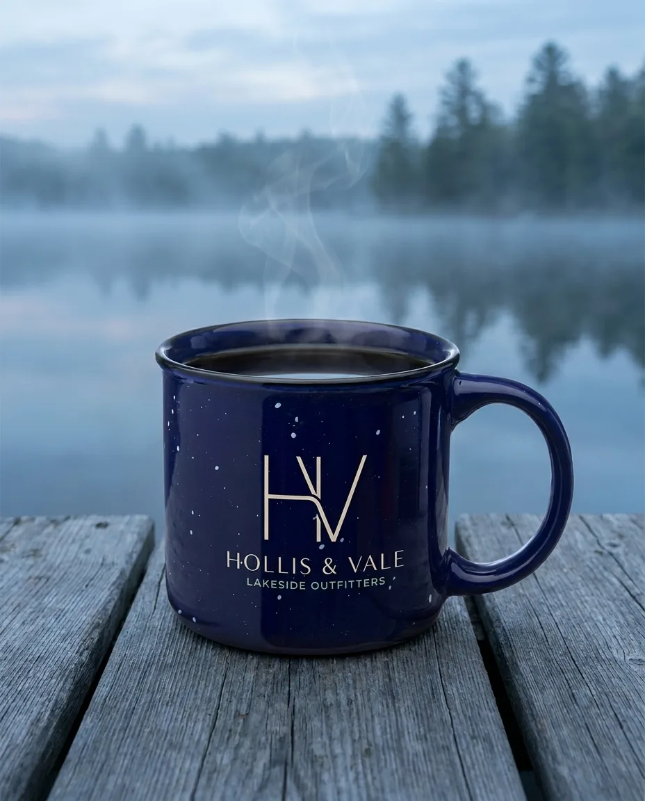 Custom camp mug in navy blue speckled ceramic full of steaming coffee on weathered dock boards at first light, with a printed logo on the front