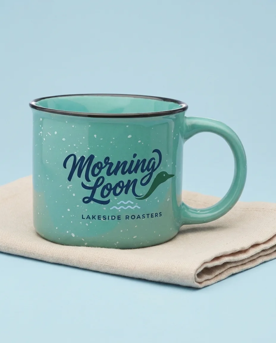 Custom camp mug in mint speckled ceramic shot square-on against a pale blue backdrop, with a full color outdoor brand logo filling the front print area