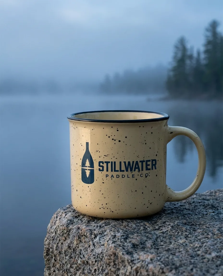 Custom camp mug in almond speckled ceramic on a granite boulder in morning mist, with a one color navy logo screen printed on the front