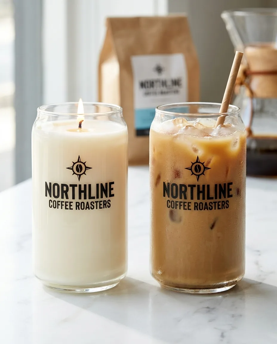 Two matching custom can glasses with a printed coffee roaster logo on a cafe counter, one a lit soy candle and one washed out and filled with iced coffee