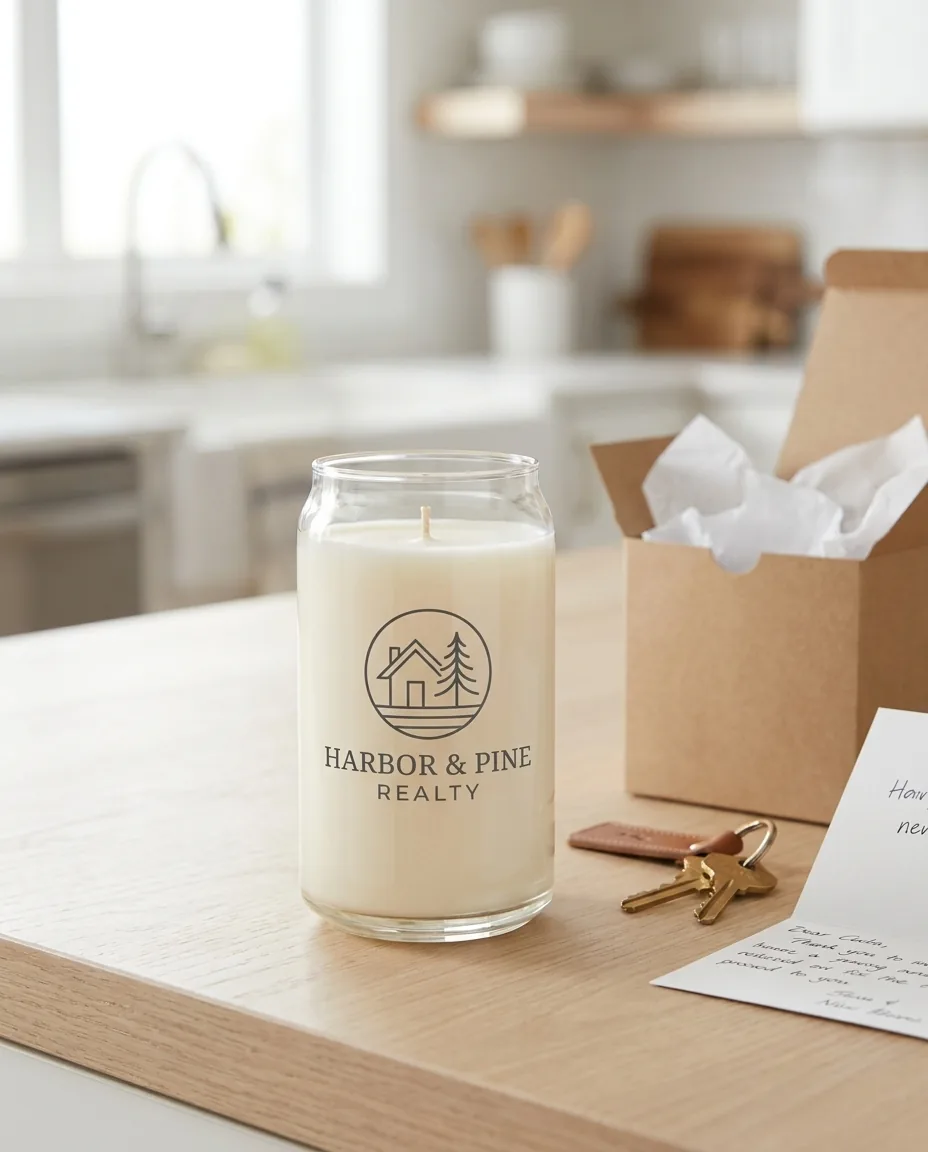 Custom candle in a clear 16 oz can glass with a screen printed real estate logo on a kitchen island beside a gift box and house keys