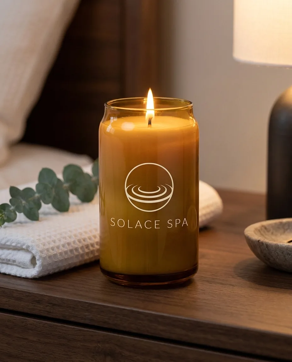 Lit custom candle in amber glass with a cream screen printed spa logo glowing on a walnut nightstand beside a folded towel and eucalyptus