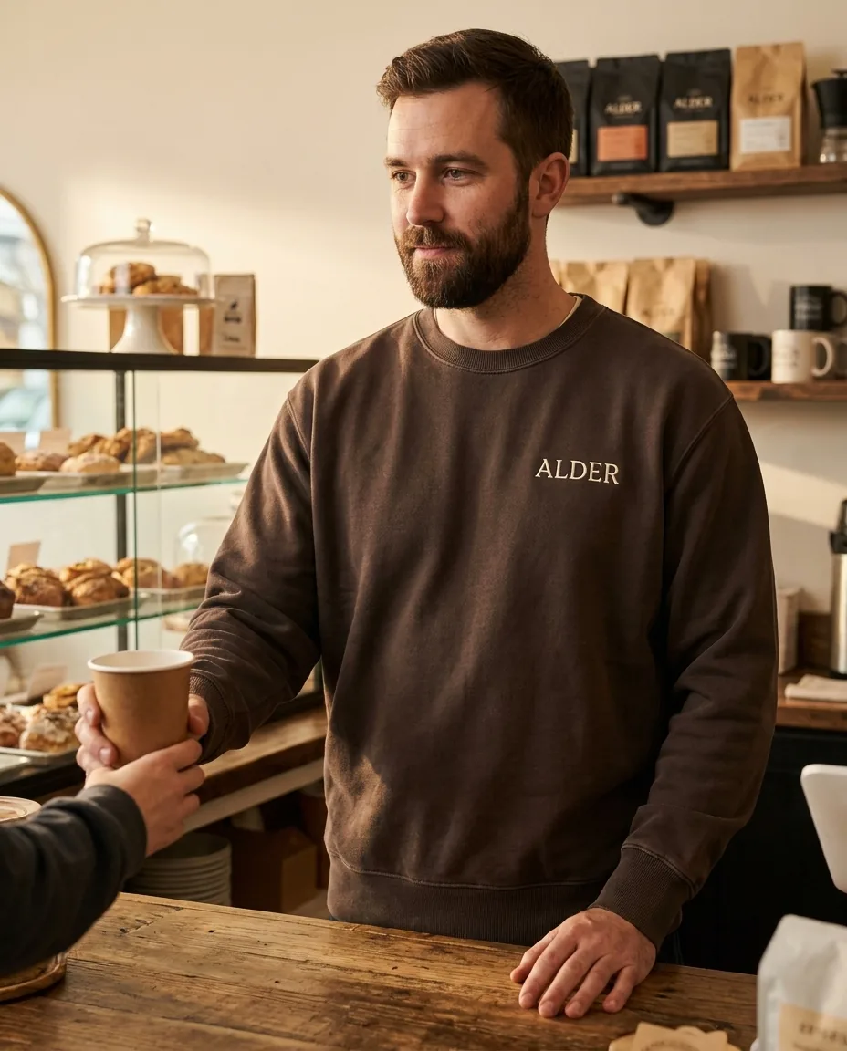 Custom crewneck sweatshirt in Espresso with a small embroidered wordmark on the left chest, worn behind a bakery counter