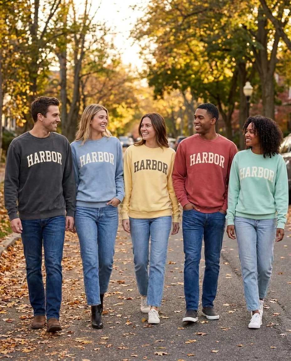 Custom crewneck sweatshirts in five Comfort Colors garment-dyed shades, Pepper, Chambray, Butter, Crimson and Chalky Mint, each with a one-color screen printed chest wordmark