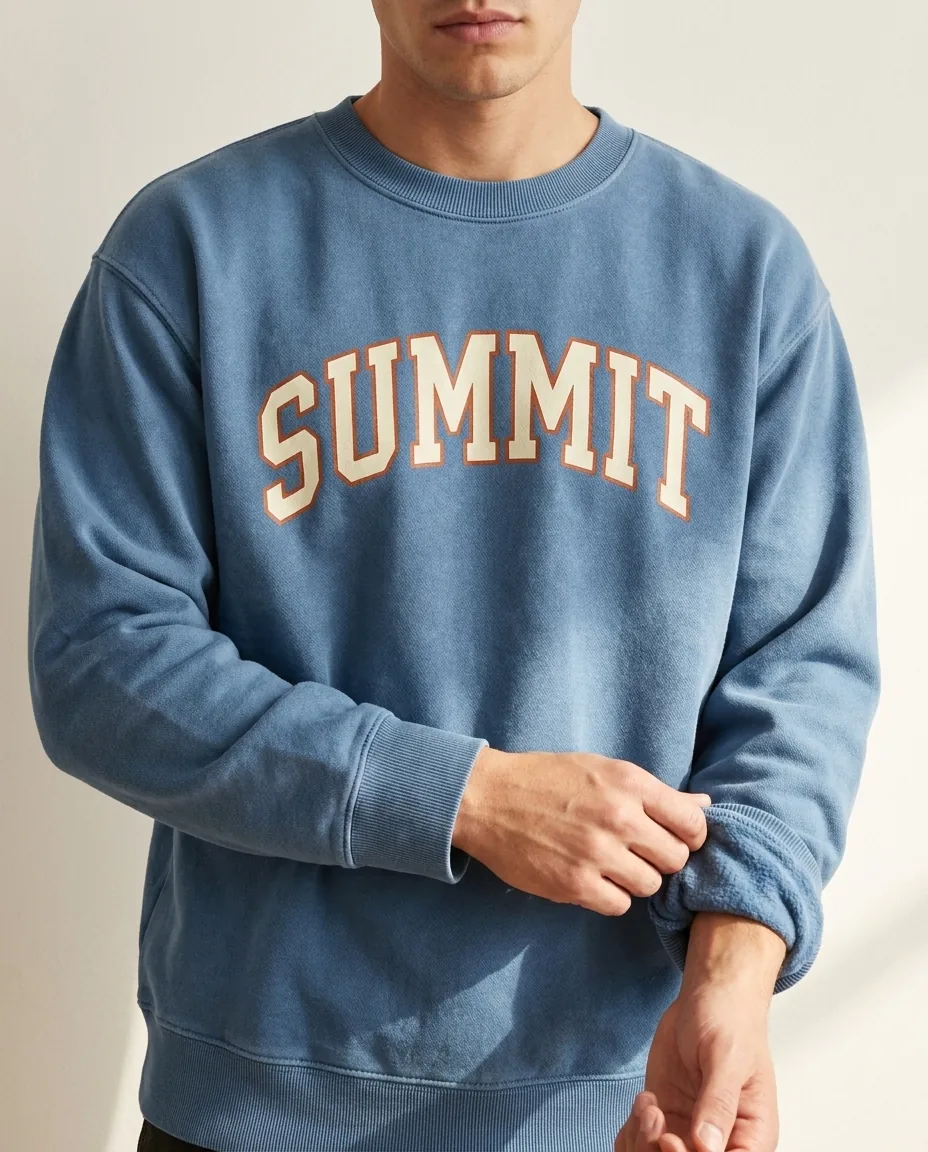 Custom crewneck sweatshirt in Blue Jean with a two-color arched screen print across the chest, cuff turned back to show the brushed heavyweight fleece