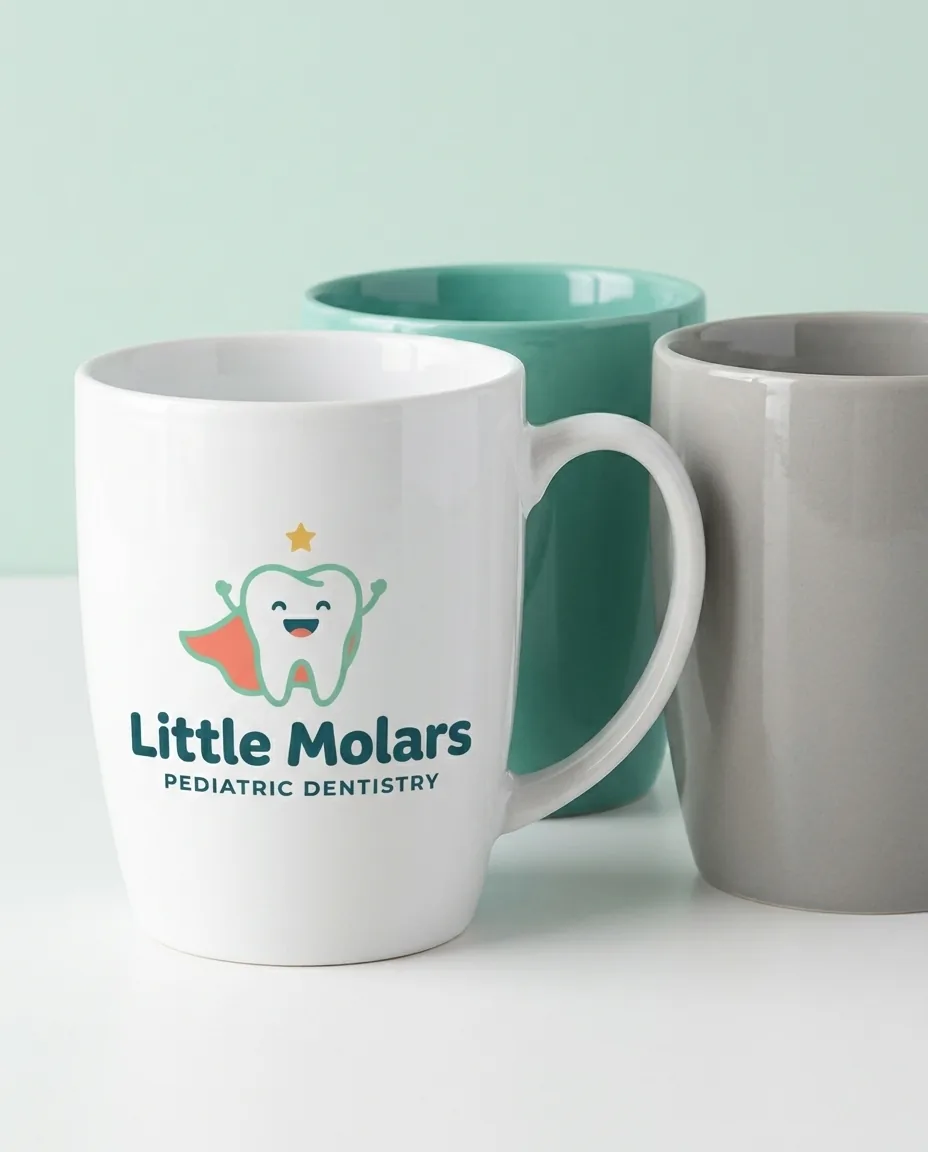 Three promotional coffee mugs in glossy white, seafoam teal and gray on a white counter, the white mug printed in full color with a pediatric dentistry mascot logo