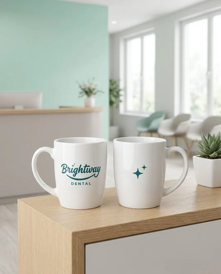 Two white promotional coffee mugs on a dental clinic counter, one showing a teal screen printed script logo on the front and the other a small sparkle mark on the back