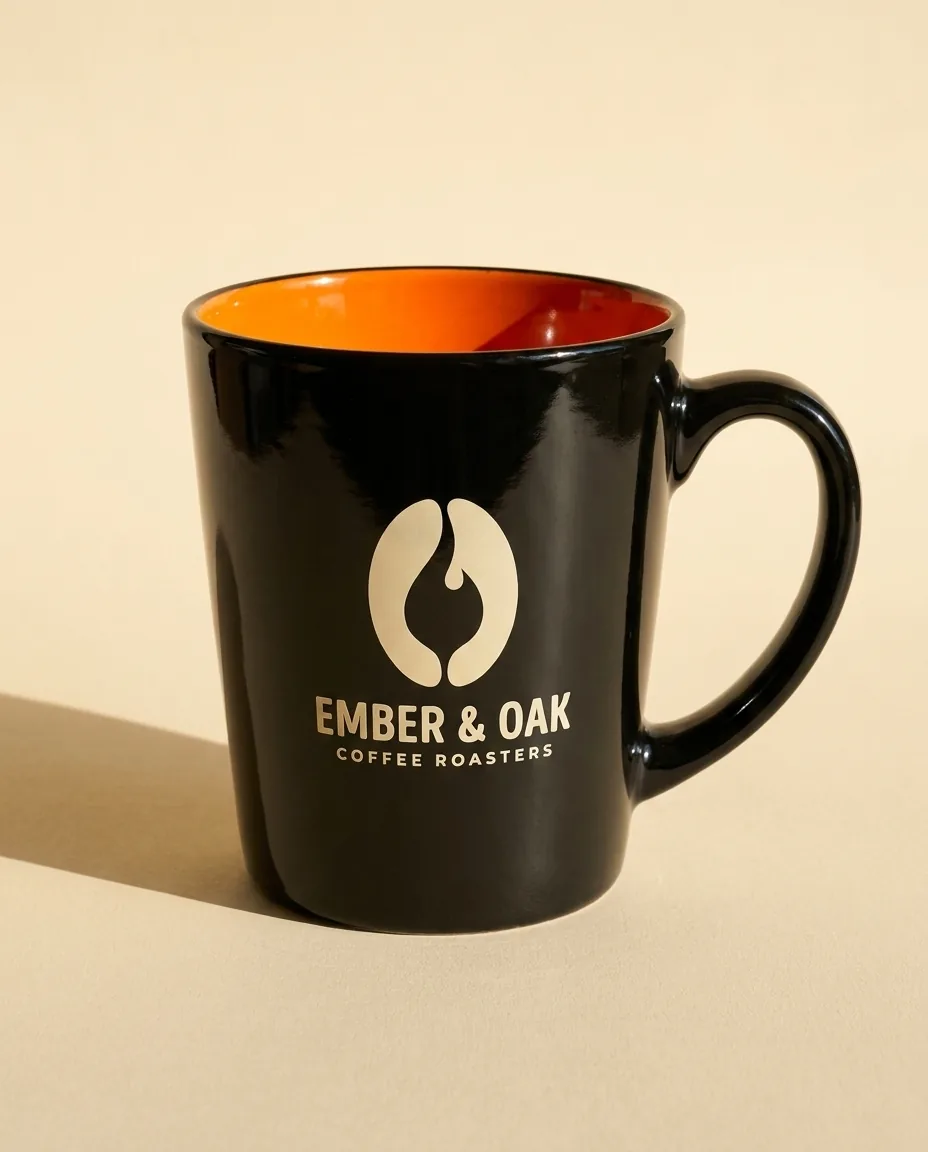 Custom latte mug in glossy black with an orange interior on a warm cream backdrop, with a one color cream logo screen printed on the front