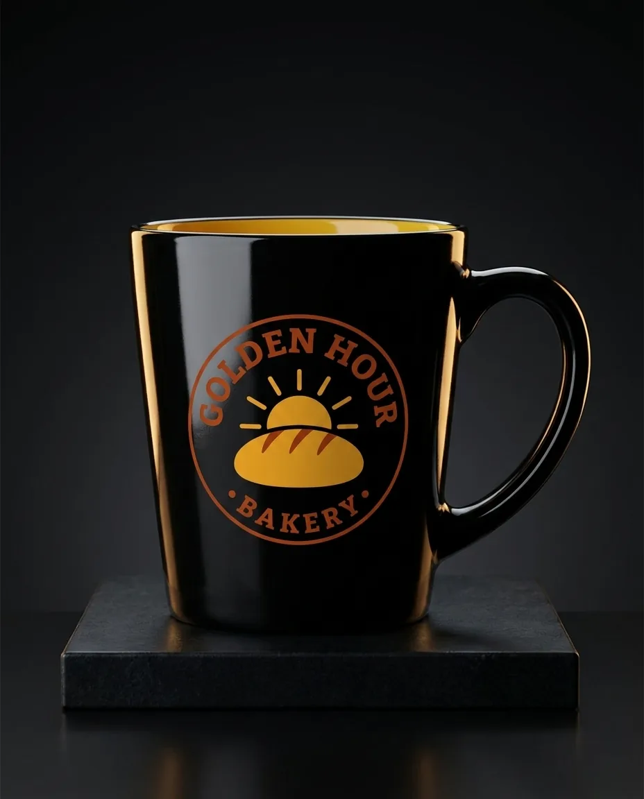 Custom latte mug in glossy black with a yellow interior on a dark stone plinth with warm rim light, with a full color bakery badge filling the front print area